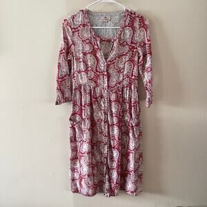 Anokhi Dress Womens XS Red Floral Print Button Front Shirt Dress Cotton Boho
